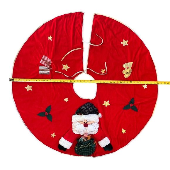 Vtg Retro Christmas Tree Skirt 3D Handmade Velvet Santa Presents Holly - Picture 5 of 6